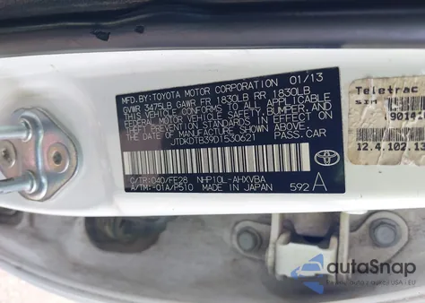 2013 Toyota Prius C One из США, поврежденный, VIN JTDKDTB39D1530621